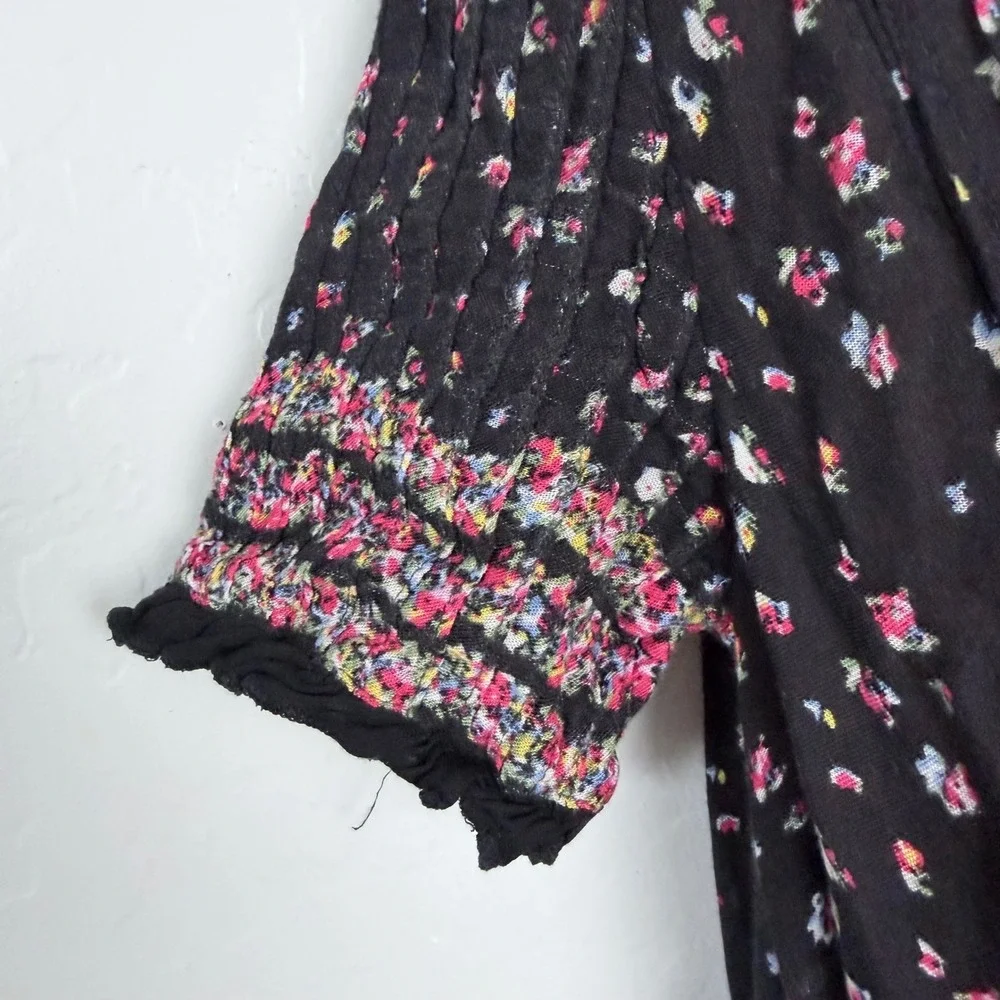 Free People Rare Feelings Dress XS Black Gauze Floral Tiered Smocked Ruffle Midi - Picture 4 of 9